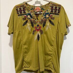Johnny Was, embroidered, chartreuse, boxy,  t-shirt in size XS.